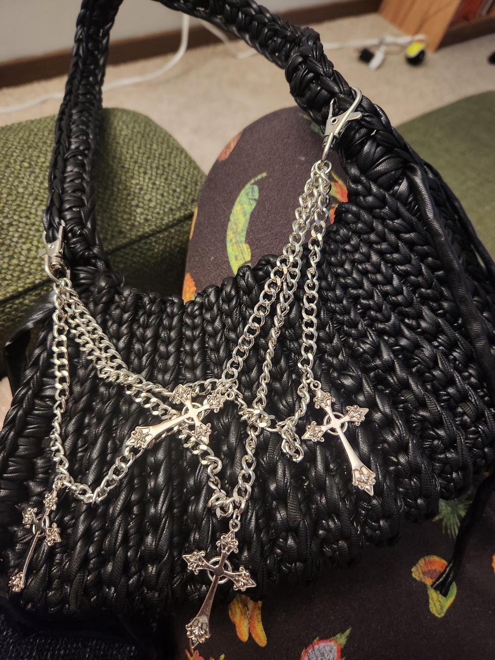 Crochet Handmade Black Leather Shoulder Bag With Crosses Charm - Picture 2 of 2